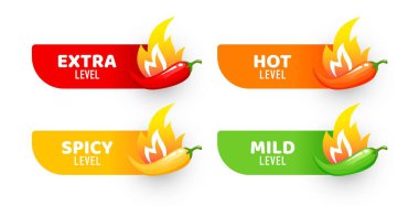 Spicy level sticky labels. Tabasco sauce taste vector scale symbol, hot food or ketchup sauce spicy vector indicators or stickers. Chili pepper spicy rating or capsaicin level symbols with fire flame
