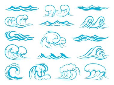 Sea and ocean wave icons, tsunami, surf waves. Isolated vector set of blue turquoise splashes, ripples, curling and breaking. Marine and nautical storm symbols, foamy swirls, tide wave elements