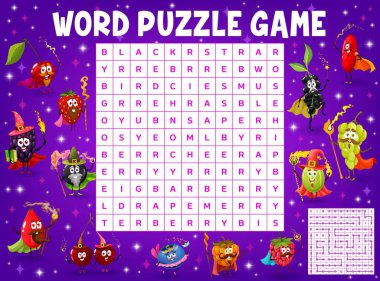 Cartoon funny berry magician and wizard characters word search puzzle game vector worksheet. Kids quiz grid with fairy fruit personages of cherry, strawberry, grapes and blueberry, raspberry, rosehip