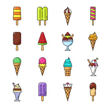 Ice cream color outline icons. Frozen candy sundae, scoop and cone dessert. Gelato frozen sweet dessert outline icons, sundae popsicle and ice cream in waffle cone line vector desserts