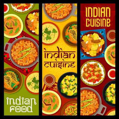 Indian cuisine dishes banners. Eggplant Baingan Bharta, chickpea and Dal curry, chicken with vegetables and chickpea, cabbage salad Sambharo and potato spinach curry Aloo Palak, lentil corn chowder