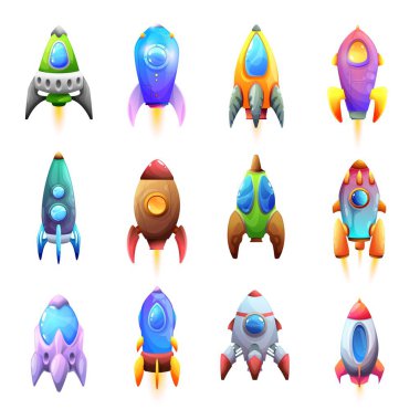 Cartoon spacecraft rockets and spaceships vector icons. Kids rockets or spacecraft shuttles on startup to galaxy space with illuminators, spaceflight and cosmic space adventure