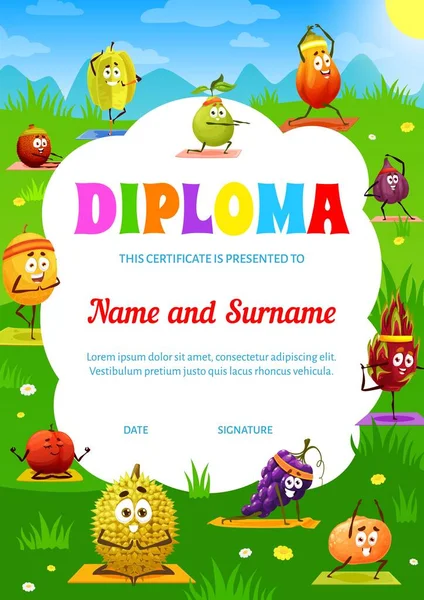 Kids Yoga Diploma Cartoon Tropical Fruit Characters Education Certificate Kindergarten — ストックベクタ