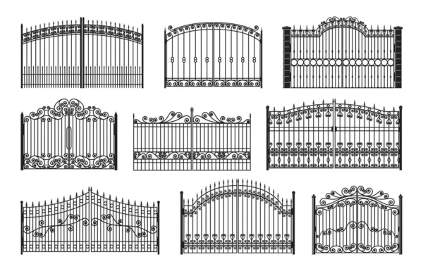 Iron gates, wrought gothic metal decorated steel fences, vector mansion entrance. Antique vintage architecture black facade grates in victorian classic style. Forged decorative objects with ornaments