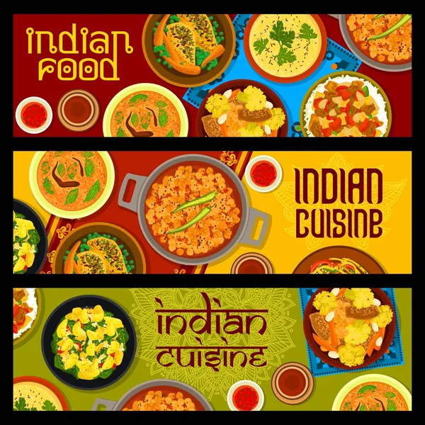 Indian Cuisine Restaurant Meals Banners Cabbage Salad Sambharo Lentil Corn — 스톡 벡터