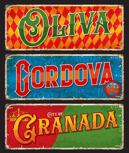 Oliva Cordova Granada Spanish City Plates Travel Stickers Vector Postcards — Stock Vector