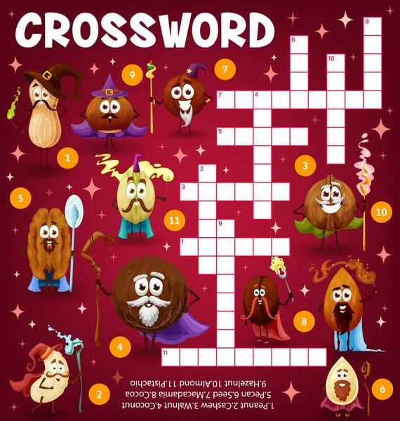 Crossword Education Quiz Worksheet Cartoon Nuts Beans Wizards Sorcerers Vector — 图库矢量图片