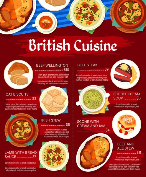 British Cuisine Food Menu Vector Restaurant Dishes Meat Vegetable Irish — Vector de stock