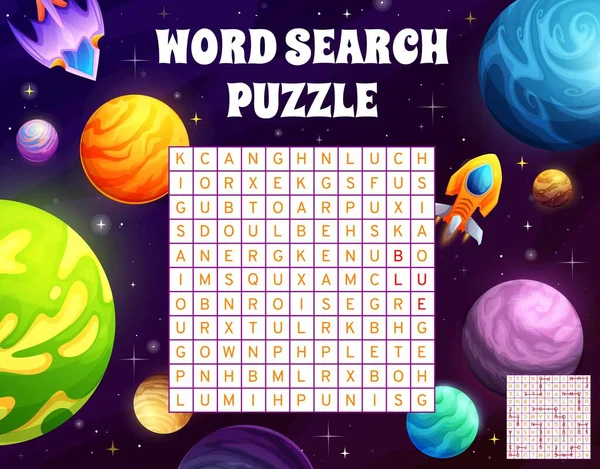 Space Planets Shuttles Rockets Word Search Puzzle Game Worksheet Guess — Stockvector