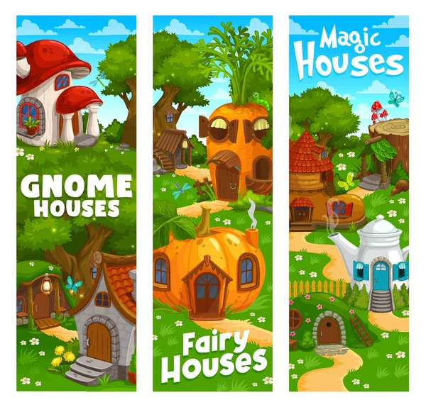 Cartoon Gnome Elf Houses Dwellings Fairytale Banners Vector Magic Fairy — Vector de stock