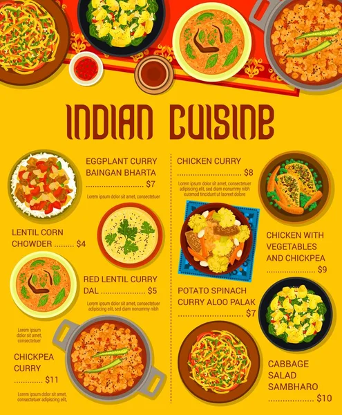 Indian Cuisine Meals Menu Page Template Chickpea Chicken Aloo Palak — Stock vektor