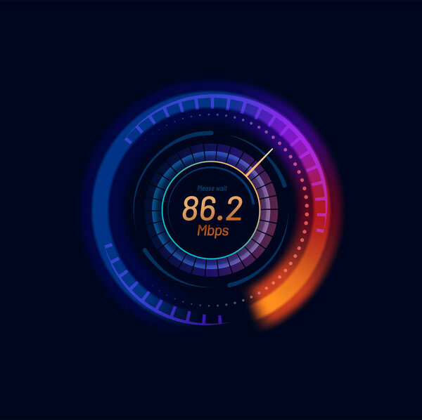 Futuristic Internet speed meter dial with neon gauge and arrow. Web connection, network or information download speed vector indicator. Internet bandwidth, WI-FI signal strength test app display