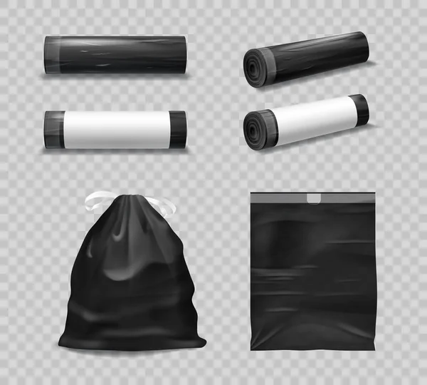 Black Plastic Garbage Bags Trash Bin Rolls Rubbish Vector Realistic — Vettoriale Stock