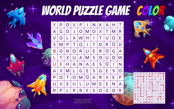 Cartoon Starships Space Crafts Galaxy Word Search Puzzle Game Worksheet — Stock vektor