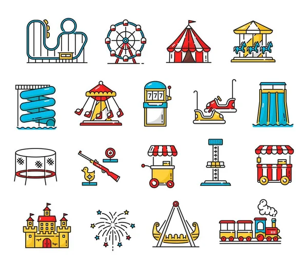 Amusement Park Playground Funfair Color Outline Icons Carousel Rollercoaster Roundabout — 图库矢量图片