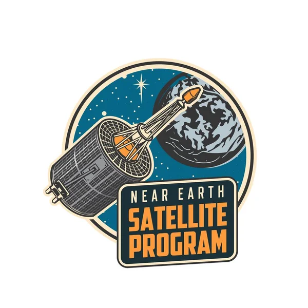 Satellite icon. Space communication technology, internet, telephony, radio and television broadcast. Artificial satellite floating in space with Earth planet globe and stars vector icon