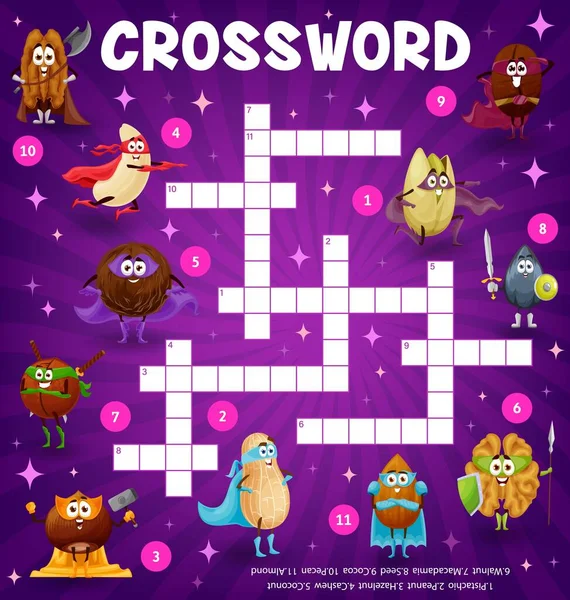 Cartoon Nuts Legume Superhero Defender Characters Crossword Puzzle Quiz Game — Image vectorielle