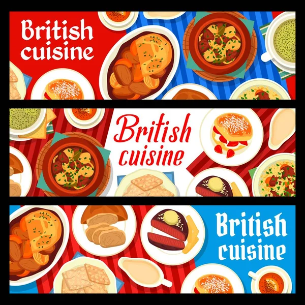 British Cuisine Vector Banners English Food Dishes Meat Vegetables Desserts — Wektor stockowy