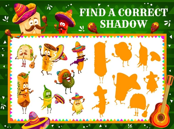 Find Correct Shadow Cartoon Mexican Tacos Avocado Enchiladas Burrito Nachos — ストックベクタ