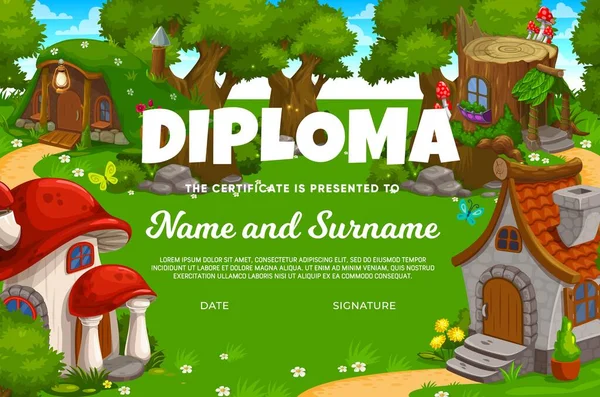 Kids Diploma Cartoon Stone Mushroom Stump Fairy Houses Dwellings Vector — Vector de stock