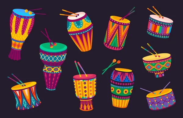 Βραζιλιάνικα Και Αφρικανικά Τύμπανα Μουσικά Όργανα Κινουμένων Σχεδίων Παραδοσιακό Στολίδι — Διανυσματικό Αρχείο