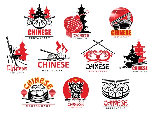 Chinese Cuisine Restaurant Icons Noodles Dumplings Chopsticks Vector Ssian Food — Stock Vector