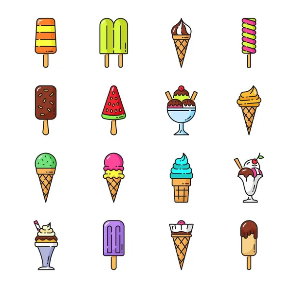 Ice Cream Color Outline Icons Frozen Candy Sundae Scoop Cone — Vettoriale Stock