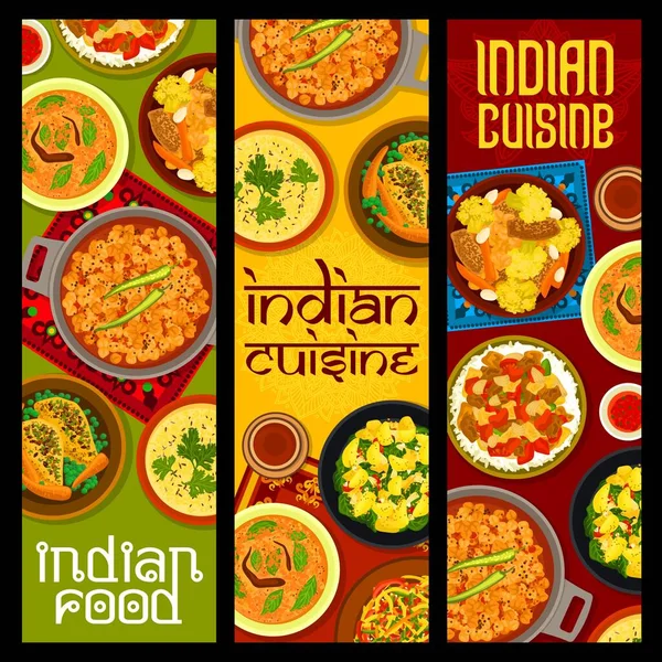 Indian Cuisine Dishes Banners Eggplant Baingan Bharta Chickpea Dal Curry — Archivo Imágenes Vectoriales