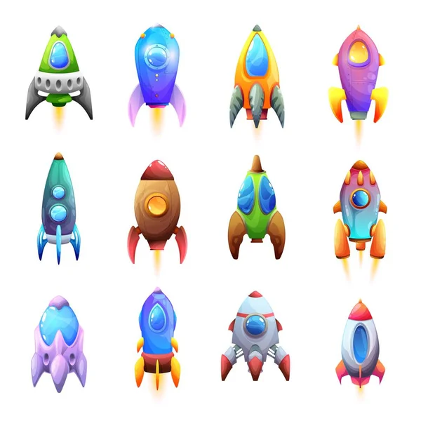 Cartoon Spacecraft Rockets Spaceships Vector Icons Kids Rockets Spacecraft Shuttles — Archivo Imágenes Vectoriales