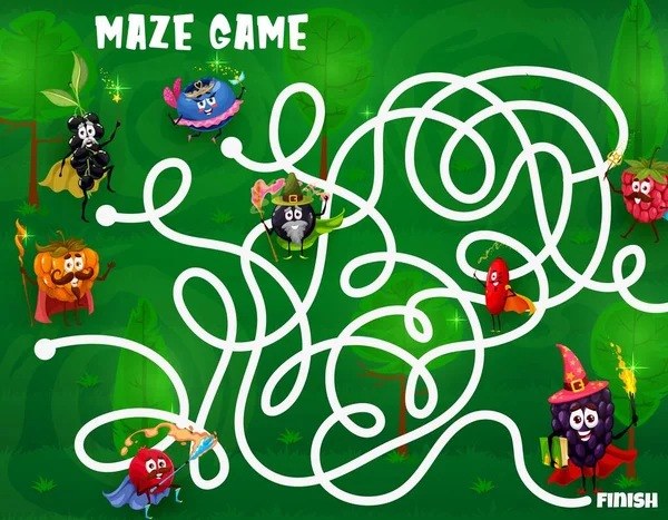 Labyrinth Maze Cartoon Funny Wizard Magician Berries Characters Child Riddle — 스톡 벡터
