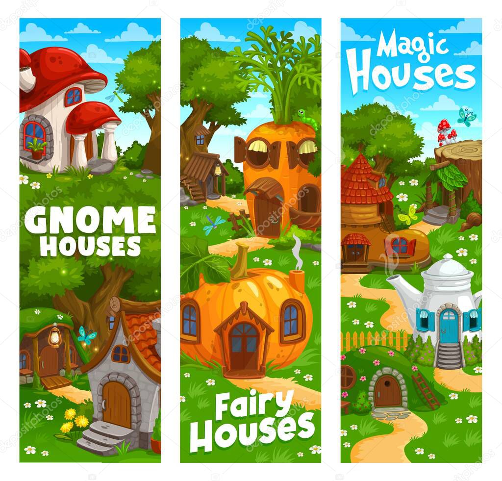 Cartoon gnome and elf houses or dwellings, fairytale banners. Vector magic fairy fantasy buildings mushroom, stump, tree, carrot and stone cottages. Pumpkin, teapot, boot and hillock cute hobbit homes
