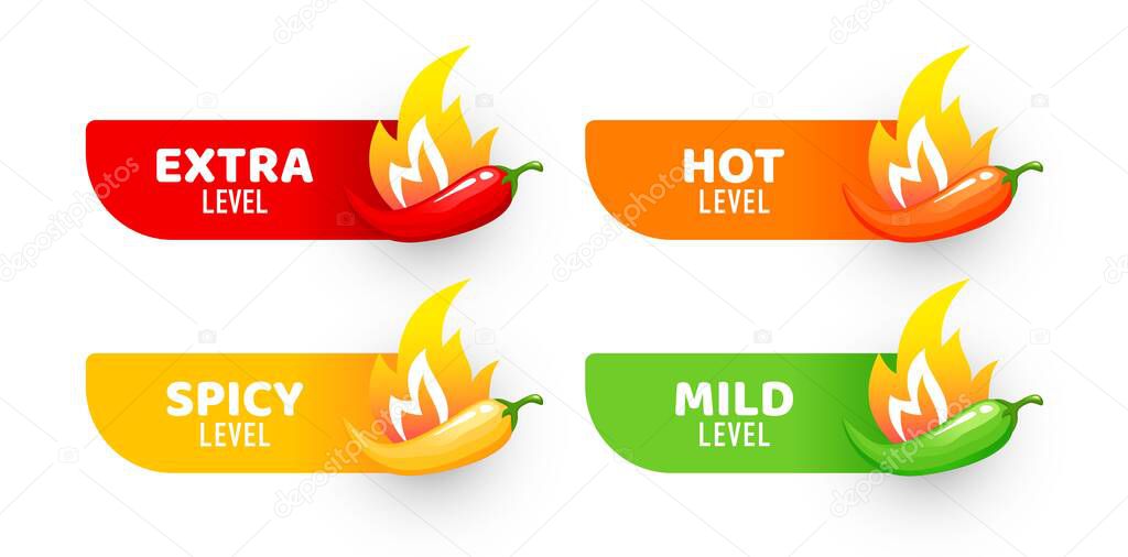Spicy level sticky labels. Tabasco sauce taste vector scale symbol, hot food or ketchup sauce spicy vector indicators or stickers. Chili pepper spicy rating or capsaicin level symbols with fire flame