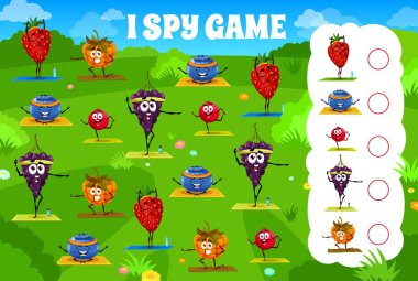 I spy game worksheet cartoon berry character on yoga fitness. Children math game, kids educational quiz or vector counting puzzle with strawberry, raspberry and cloudberry, blueberry, grape, cowberry
