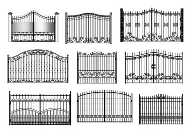 Iron gate and entrance metal fence with steel barriers, vector fencing wall. Metal fence gates or security wall with railing mesh and security spikes of garden park or private territory forged fence