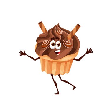 Cartoon chocolate cupcake dessert character. Funny vector muffin with choco cream and waffle sticks. Bakery sweets personage with smiling face and waving hands. Bakehouse, cake confectionery