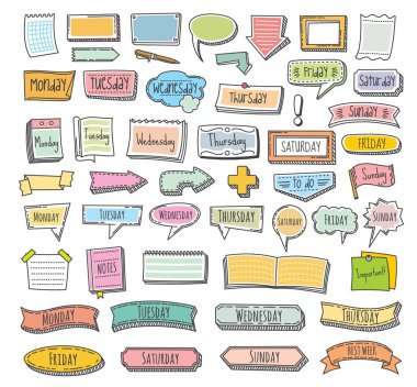 Bullet journal, doodle frames for diary calendar elements, vector stickers and memo notes. Page bullet journal reminders for calendar notebook, message banners and label tags for school week planner