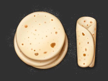 Realistic pita bread with flour, vector 3d tortilla round and rolled lying on black table surface with scatter crumbles around. Arabic pancakes, lavash, pitta for burrito or shawarma crispy snack
