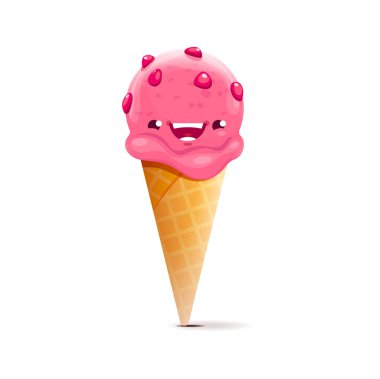 Cartoon ice cream dessert character, kawaii strawberry waffle cone icecream personage with sprinkles. Isolated vector smiling dessert, melted pink ball with drips in wafer cup. Funny refreshment snack