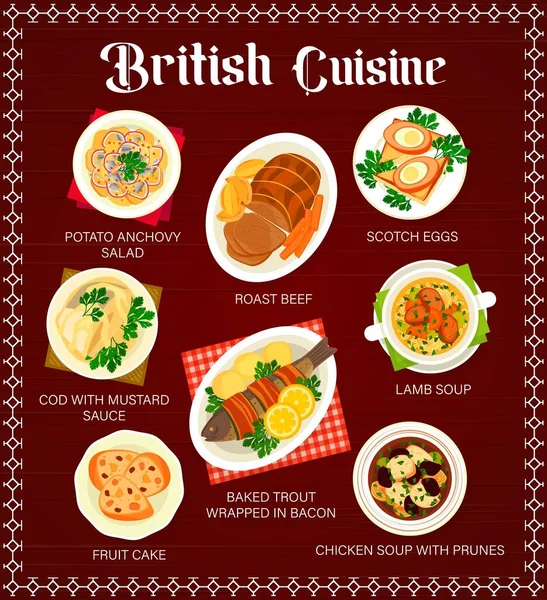 British Cuisine Menu Page Template Potato Anchovy Salad Scotch Eggs — Stock vektor
