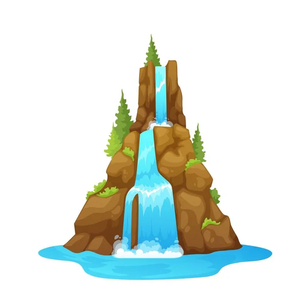 Isolated waterfall with trees on stones, cartoon river water cascade. Blue aqua waterfall nature environment background, mountain river water cascade falling from rocky cliff vector game asset