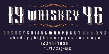 Vintage western font, alcohol, barbershop typeface. Retro type alphabet, vector whiskey label typography, western old style font letters for beer, whisky bottle or irish scotch and bourbon typeface