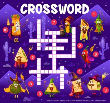 Crossword grid cartoon tex mex mexican food wizards characters, quiz game. Vector worksheet with tacos, enchiladas, tamales and burrito, churros, quesadilla, chimichanga, jalapeno, nachos and avocado