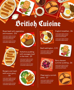 British cuisine restaurant meals menu page. Beef Wellington, Yorkshire pudding and cornish pasty, roast beef, berry dessert summer pudding and English breakfast, bangers, mash with onion gravy
