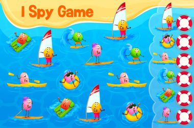 I spy game, cartoon vitamin and mineral characters on beach vacation vector worksheet. Kids puzzle quiz and math game with funny pills of multivitamins swimming, riding surfboard, boat and paddleboard