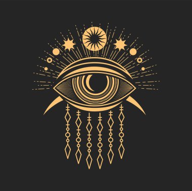 Esoteric symbol magic eye, tattoo occult mason sign. Vector providence all seeing eye, sun and moon tarot symbols. Occultism talisman, all seeing eye