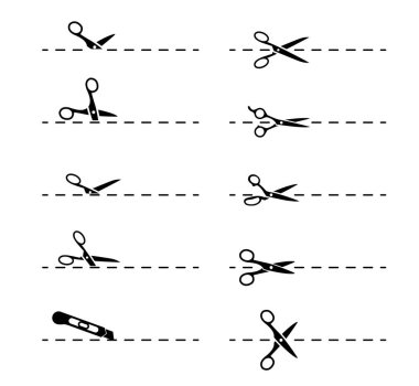 Cut lines, scissor, utility knife cutting lines, vector black dash icons. Cut lines for coupon or paper trim dotted borders, envelope letter cutting lines with scissors for page separation or cut off