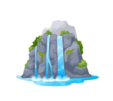 Natural park cartoon water cascade, isolated mountain waterfall. Island water cascade, natural water flow travel background or river waterfall clean stream vector game asset with trees on rocks