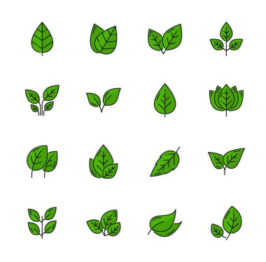 Green leaf outline linear icons, tree plant or nature leaves, vector eco or bio symbols. Green leaf thin line icons of environment ecology and farming or gardening, organic herbal and vegetarian signs