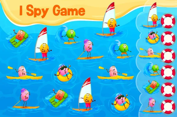 Spy Game Cartoon Vitamin Mineral Characters Beach Vacation Vector Worksheet — Vettoriale Stock