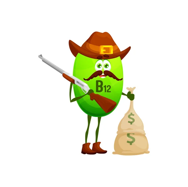 Cartoon Vitamin Ranger Character Money B12 Cowboy Personage Rifle Gun — Stockvector
